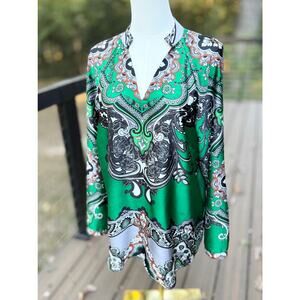 Chico's Women's Paisley Print Tunic Silk Blouse Emerald Green Size M Long Sleeve